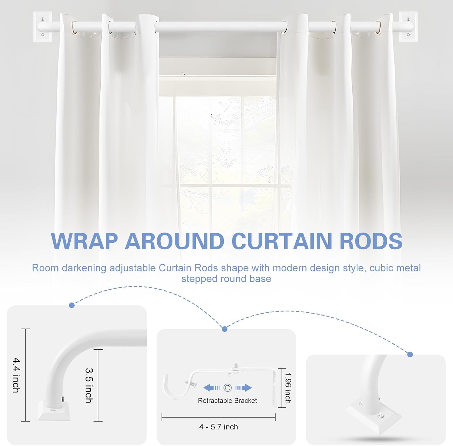White Wrap Around Curtain Rods 48 to 90 Inch:Blackout Heavy Duty Adjustable Window Curtain Rod for Bedroom Kitchen,Modern Decorative Curved French Metal Single Drapery Rods Easy Install,White